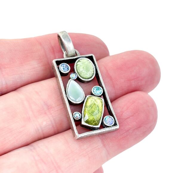 Vintage Silver Plate Blue Green Glass Crystal Rhinestone Modernist Pendant - Picture 1 of 6